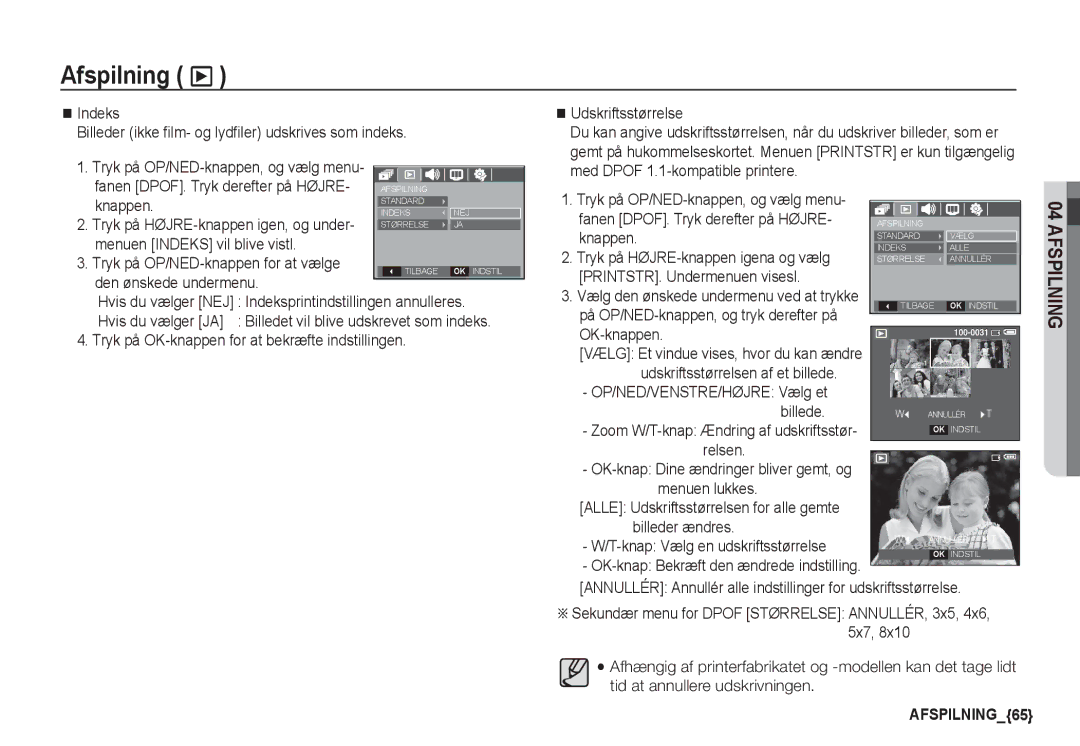 Samsung EC-S760ZBBA/E2 manual Indeks Billeder ikke film- og lydfiler udskrives som indeks, Menuen Indeks vil blive vistl 