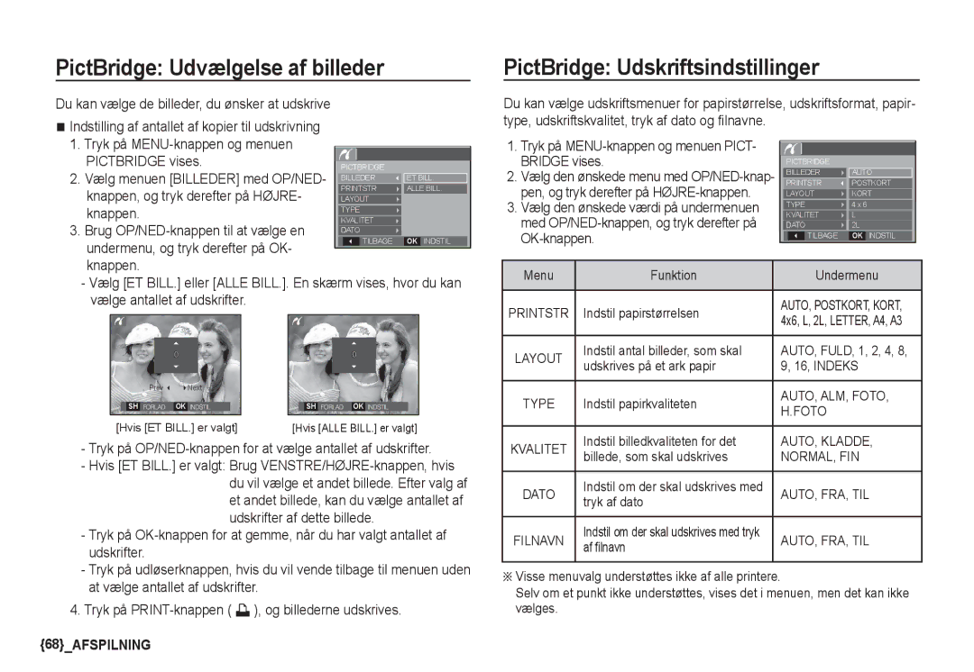 Samsung EC-S860ZSDA/E3, EC-S760ZPDA/E3, EC-S860ZPDA/E3 PictBridge Udvælgelse af billeder, PictBridge Udskriftsindstillinger 