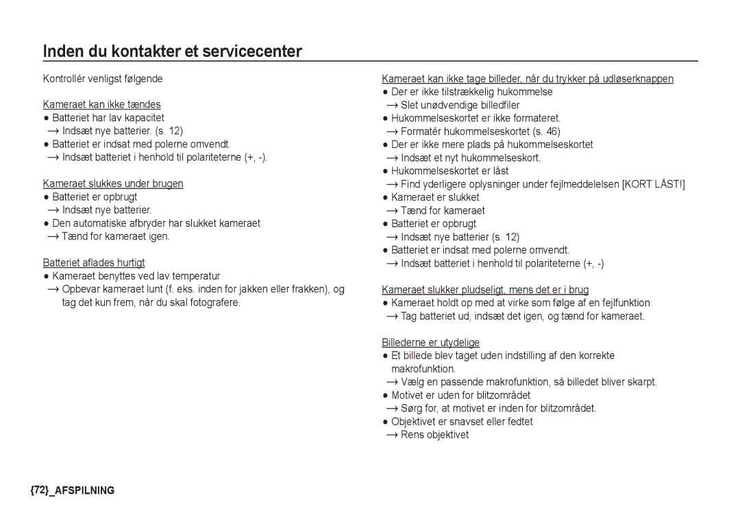 Samsung EC-S760ZSBA/E2 manual Inden du kontakter et servicecenter, Formatér hukommelseskortet s, Indsæt nye batterier s 