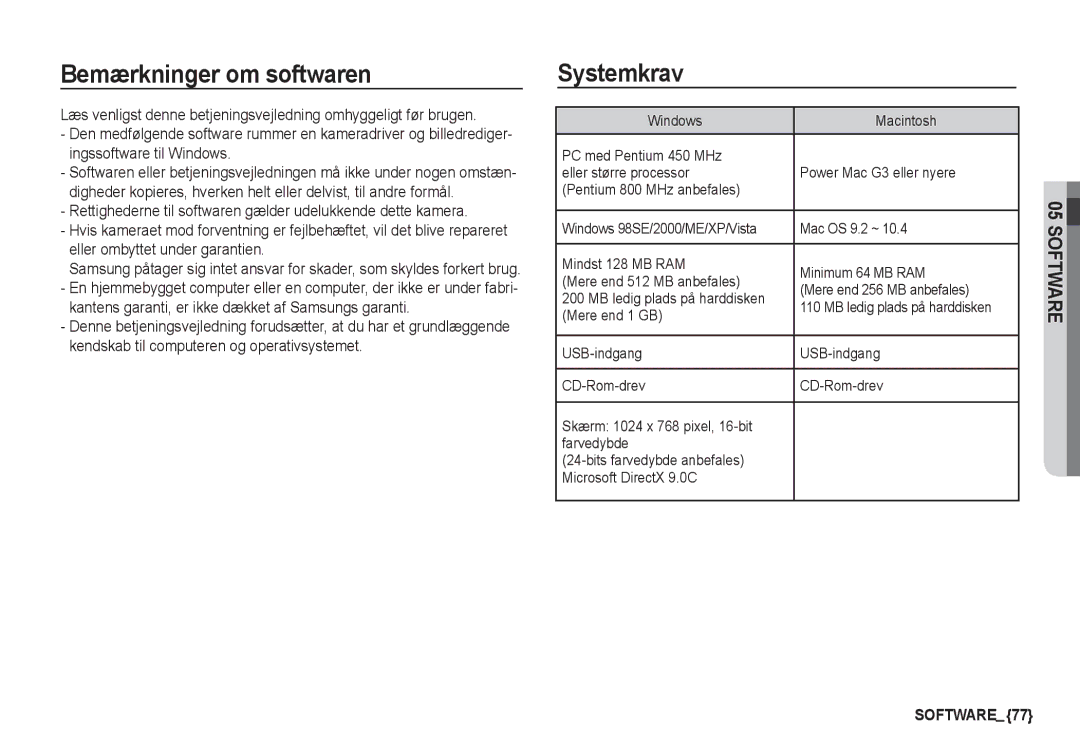 Samsung EC-S860ZUDA/E3, EC-S760ZPDA/E3, EC-S860ZSDA/E3, EC-S860ZPDA/E3 Bemærkninger om softwaren, Systemkrav, Mere end 1 GB 