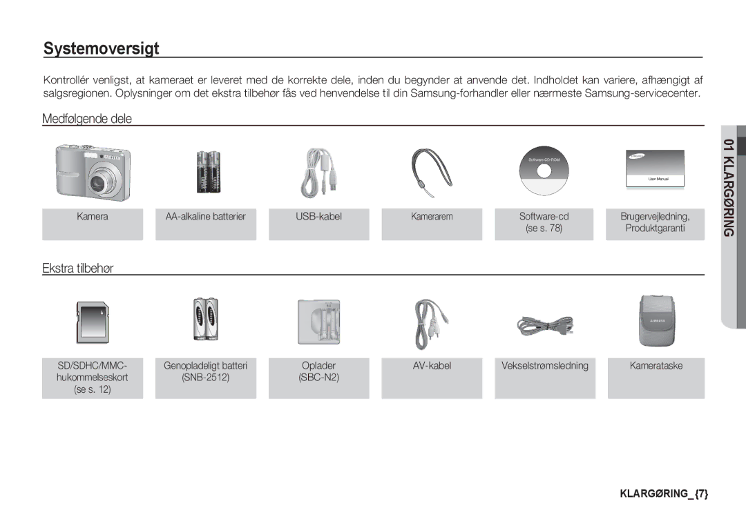 Samsung EC-S760ZSDA/E3 Systemoversigt, Medfølgende dele, Ekstra tilbehør, Kamera AA-alkaline batterier USB-kabel Kamerarem 