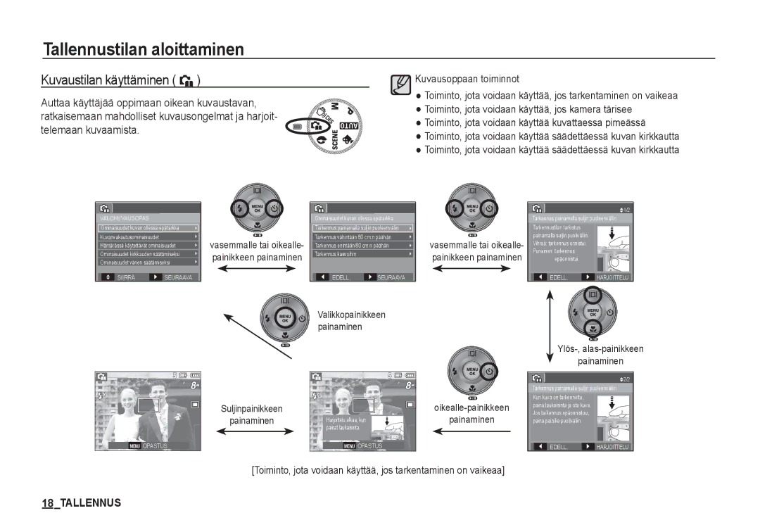 Samsung EC-S860ZPDA/E3 manual Kuvaustilan käyttäminen `, Ylös-, alas-painikkeen Painaminen, Oikealle-painikkeen Painaminen 