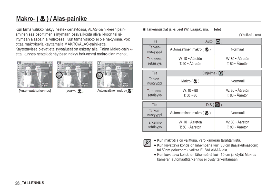 Samsung EC-S860ZUDA/E3, EC-S760ZPDA/E3, EC-S860ZSDA/E3, EC-S860ZPDA/E3 Makro- e / Alas-painike, Ohjelma ‰, Makro e, DIS ÿ 