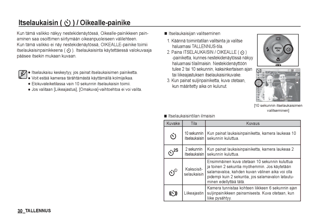 Samsung EC-S860ZBBA/E2, EC-S760ZPDA/E3, EC-S860ZSDA/E3, EC-S860ZPDA/E3, EC-S860ZBDA/E3 manual Itselaukaisin / Oikealle-painike 