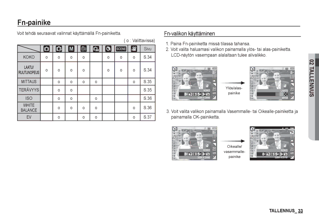 Samsung EC-S760ZPDA/E3 manual ‰ ÿ, Fn-valikon käyttäminen, Paina Fn-painiketta missä tilassa tahansa, ³ † Sivu 