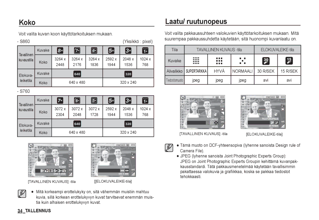 Samsung EC-S860ZSDA/E3, EC-S760ZPDA/E3, EC-S860ZPDA/E3, EC-S860ZBDA/E3, EC-S760ZUDA/E3 manual Koko, Laatu/ ruutunopeus 