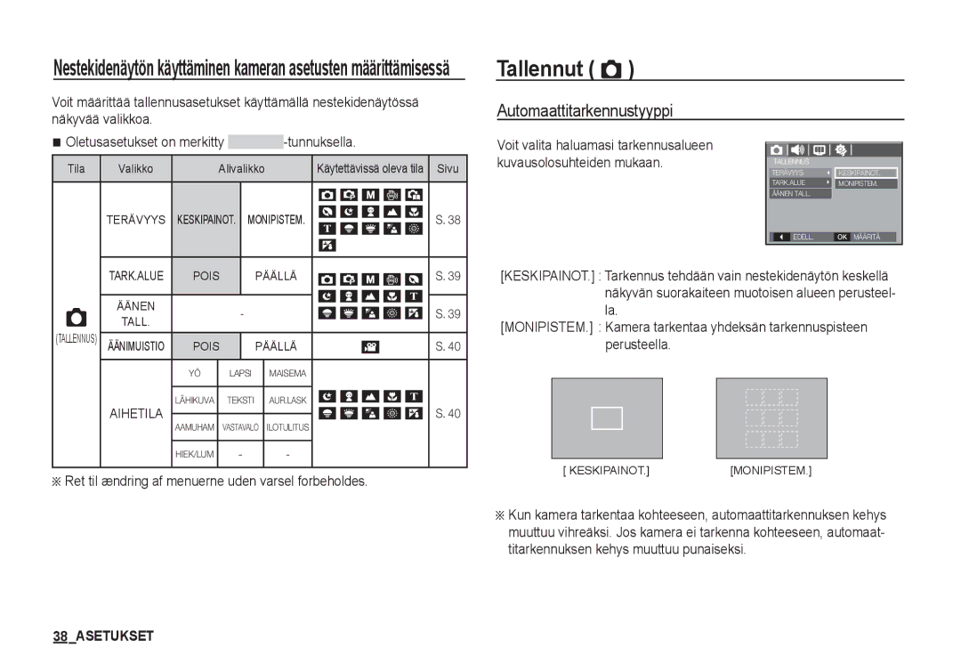 Samsung EC-S760ZSBA/E2, EC-S760ZPDA/E3 Tallennut Ò, Automaattitarkennustyyppi, Oletusasetukset on merkitty -tunnuksella 