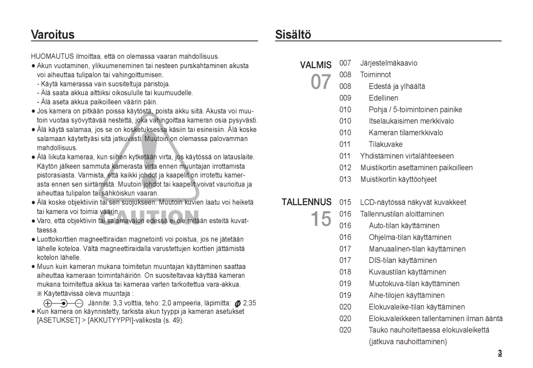 Samsung EC-S760ZUDA/E3, EC-S760ZPDA/E3, EC-S860ZSDA/E3 manual Sisältö, Jatkuva nauhoittaminen, Käytettävissä oleva muuntaja 