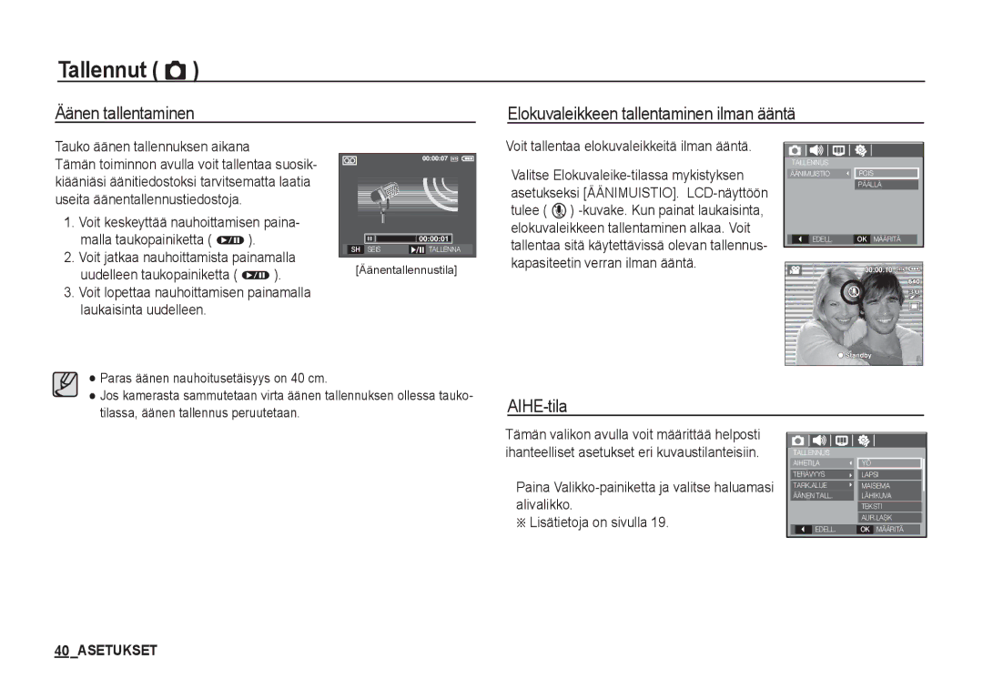 Samsung EC-S860ZSBA/E2 manual AIHE-tila, Tauko äänen tallennuksen aikana, Voit tallentaa elokuvaleikkeitä ilman ääntä 