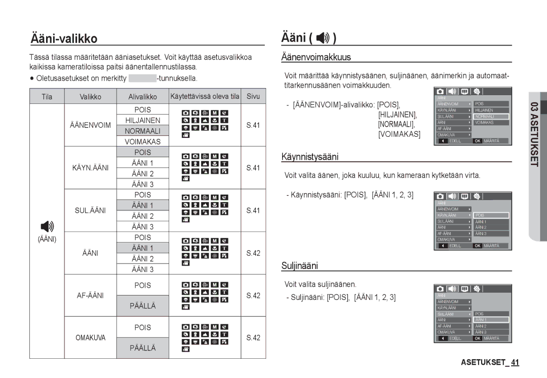 Samsung EC-S760ZSDA/E3, EC-S760ZPDA/E3, EC-S860ZSDA/E3 manual Ääni-valikko, Äänenvoimakkuus, Käynnistysääni, Suljinääni 