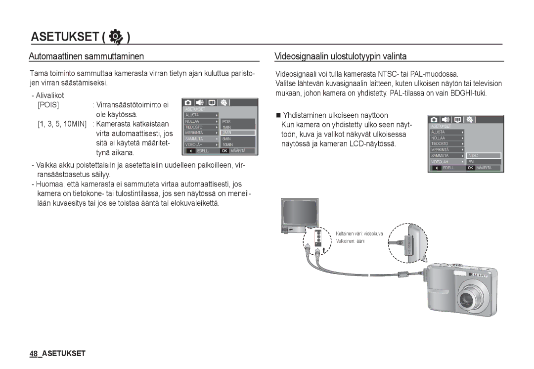 Samsung EC-S760ZBBA/E2 Automaattinen sammuttaminen, Videosignaalin ulostulotyypin valinta, Yhdistäminen ulkoiseen näyttöön 