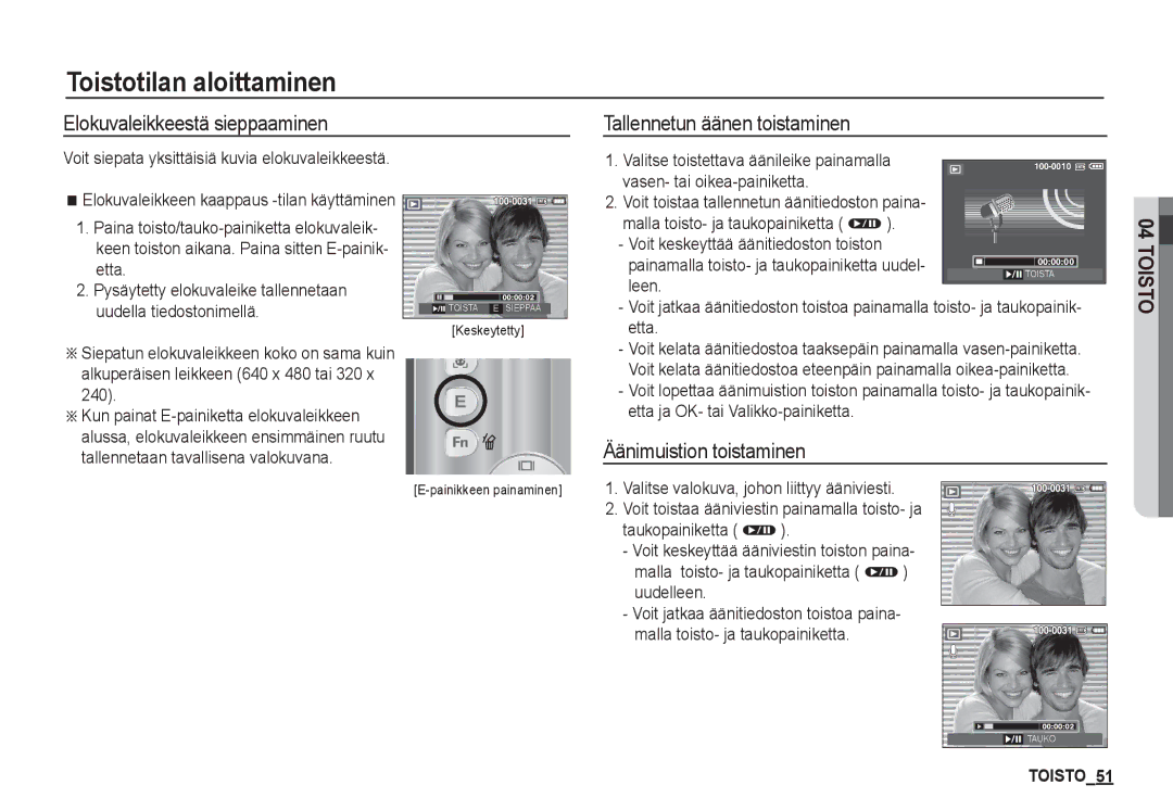 Samsung EC-S860ZSDA/E3 manual Elokuvaleikkeestä sieppaaminen, Tallennetun äänen toistaminen, Äänimuistion toistaminen 