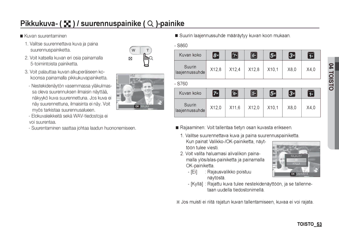 Samsung EC-S860ZBDA/E3, EC-S760ZPDA/E3, EC-S860ZSDA/E3, EC-S860ZPDA/E3 manual Pikkukuva- º / suurennuspainike í -painike 