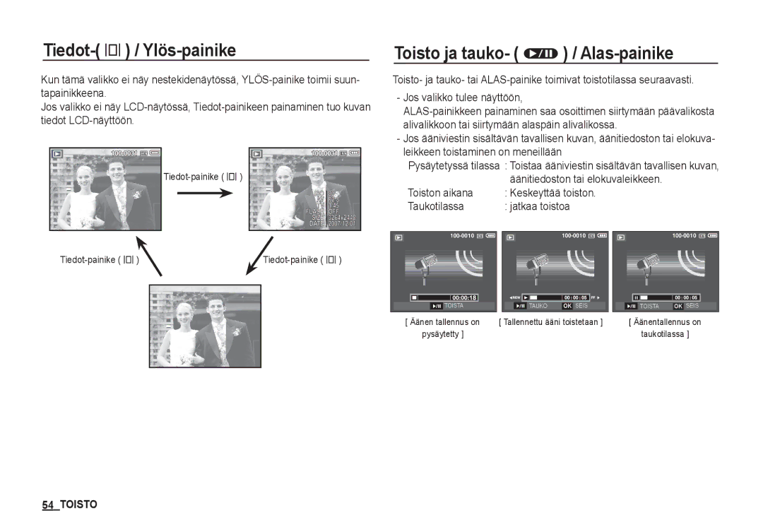 Samsung EC-S760ZUDA/E3, EC-S760ZPDA/E3 manual Tiedot- î / Ylös-painike, Toisto ja tauko- Ø / Alas-painike, Tiedot-painike î 