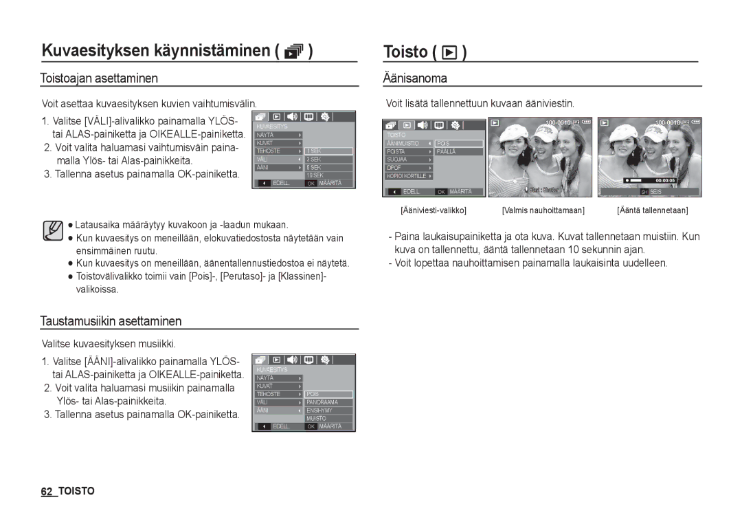 Samsung EC-S760ZUBA/E2, EC-S760ZPDA/E3 manual Toisto ø, Toistoajan asettaminen, Äänisanoma, Taustamusiikin asettaminen 