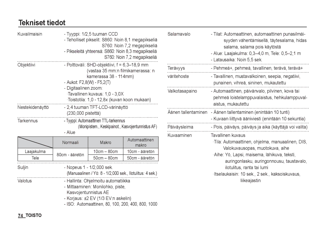 Samsung EC-S860ZSBA/E2, EC-S760ZPDA/E3, EC-S860ZSDA/E3, EC-S860ZPDA/E3, EC-S860ZBDA/E3, EC-S760ZUDA/E3 manual Tekniset tiedot 