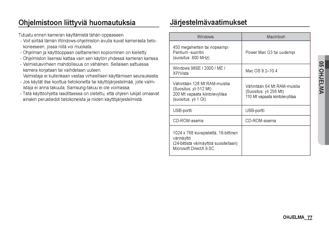 Samsung EC-S860ZUDA/E3 Ohjelmistoon liittyviä huomautuksia, Järjestelmävaatimukset, Värinäyttö, Microsoft DirectX 9.0C 