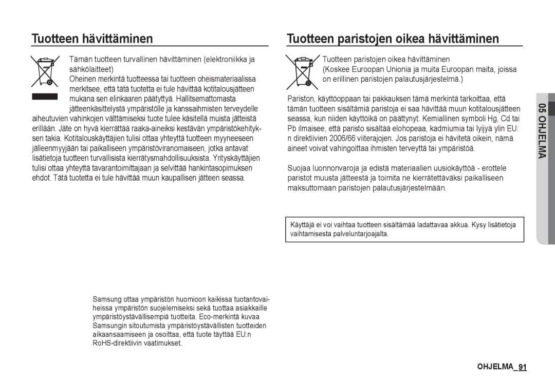 Samsung EC-S860ZSBA/E2, EC-S760ZPDA/E3, EC-S860ZSDA/E3 manual Tuotteen hävittäminen, Tuotteen paristojen oikea hävittäminen 