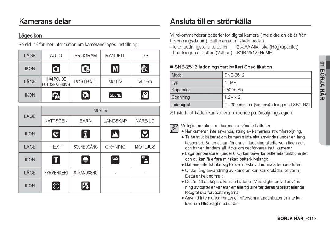 Samsung EC-S760ZUBA/E2 Ansluta till en strömkälla, Lägesikon, Se sid för mer information om kamerans läges-inställning 