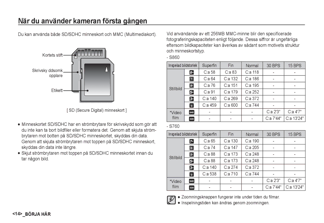 Samsung EC-S760ZBBA/E2, EC-S760ZPDA/E3 manual Etikett SD Secure Digital minneskort, Superfin Fin Normal 30 BPS 15 BPS, Film 