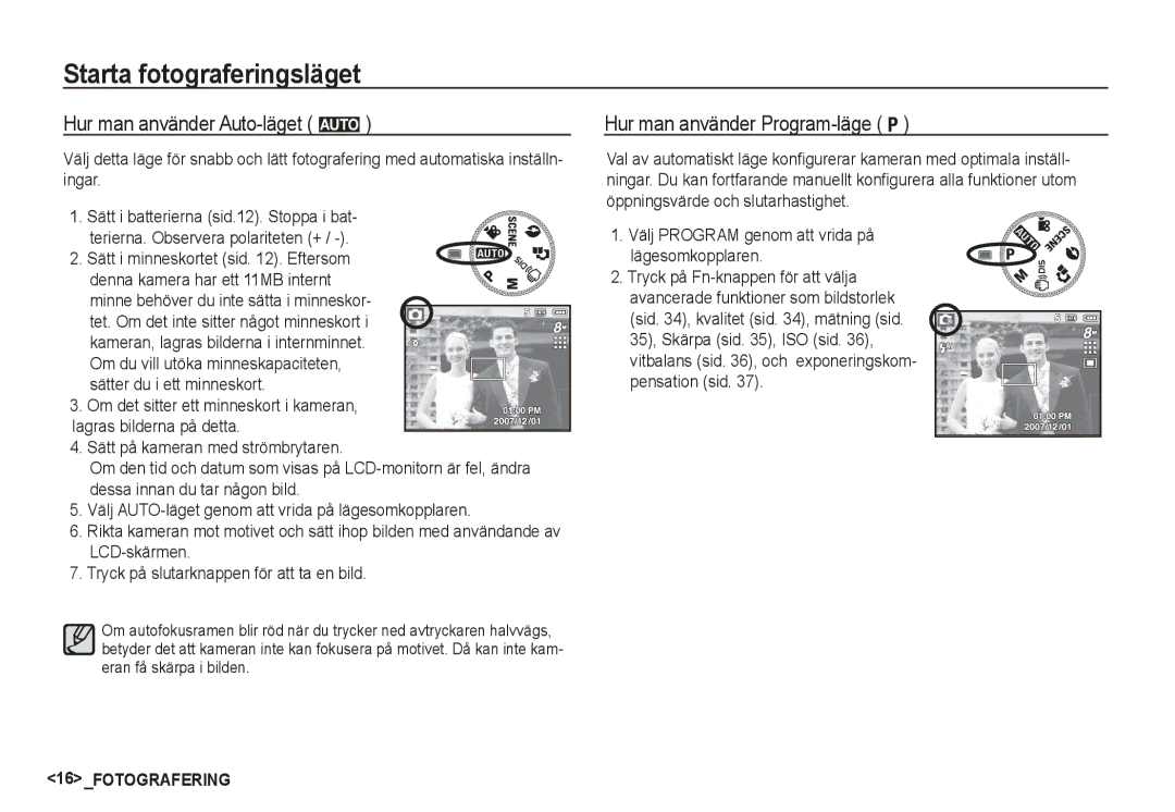 Samsung EC-S760ZPDA/E3 manual Starta fotograferingsläget, Hur man använder Auto-läget μ, Hur man använder Program-läge 