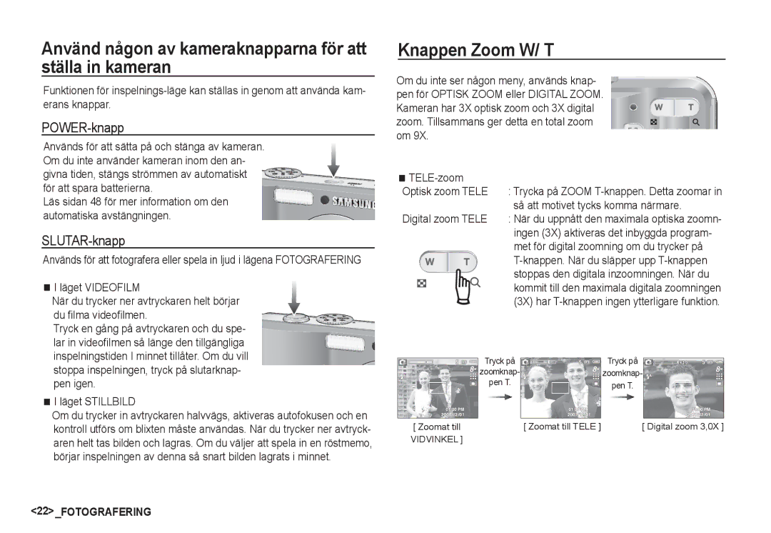 Samsung EC-S760ZBDA/E3 manual Använd någon av kameraknapparna för att ställa in kameran, Knappen Zoom W/ T, POWER-knapp 