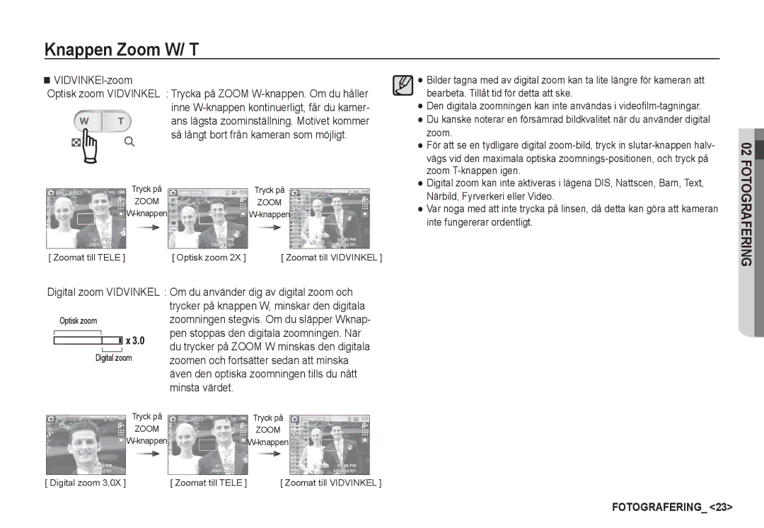 Samsung EC-S860ZSBA/E2, EC-S760ZPDA/E3, EC-S860ZSDA/E3, EC-S860ZPDA/E3, EC-S860ZBDA/E3 manual Optisk zoom Zoomat till Vidvinkel 