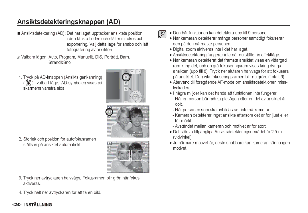 Samsung EC-S760ZSDA/E3, EC-S760ZPDA/E3, EC-S860ZSDA/E3, EC-S860ZPDA/E3 manual Ansiktsdetekteringsknappen AD, 24INSTÄLLNING 