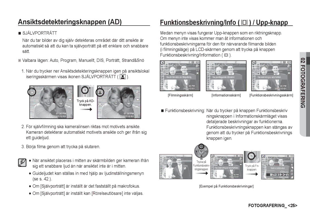 Samsung EC-D760ZSDB/E3 manual Funktionsbeskrivning/Info î / Upp-knapp, Om menyn inte visas kommer man åt informationen och 