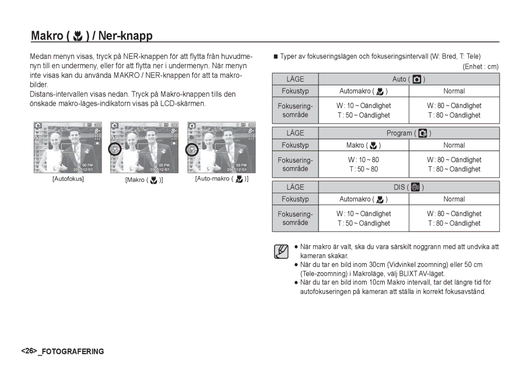 Samsung EC-S860ZUDA/E3, EC-S760ZPDA/E3, EC-S860ZSDA/E3, EC-S860ZPDA/E3, EC-S860ZBDA/E3 Makro e / Ner-knapp, Auto Š, DIS ÿ 