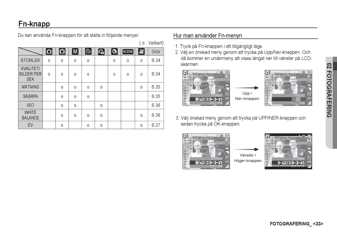 Samsung EC-S760ZPDA/E3, EC-S860ZSDA/E3, EC-S860ZPDA/E3, EC-S860ZBDA/E3 Fn-knapp, ‰ ÿ, Hur man använder Fn-menyn, ³ † Sida 