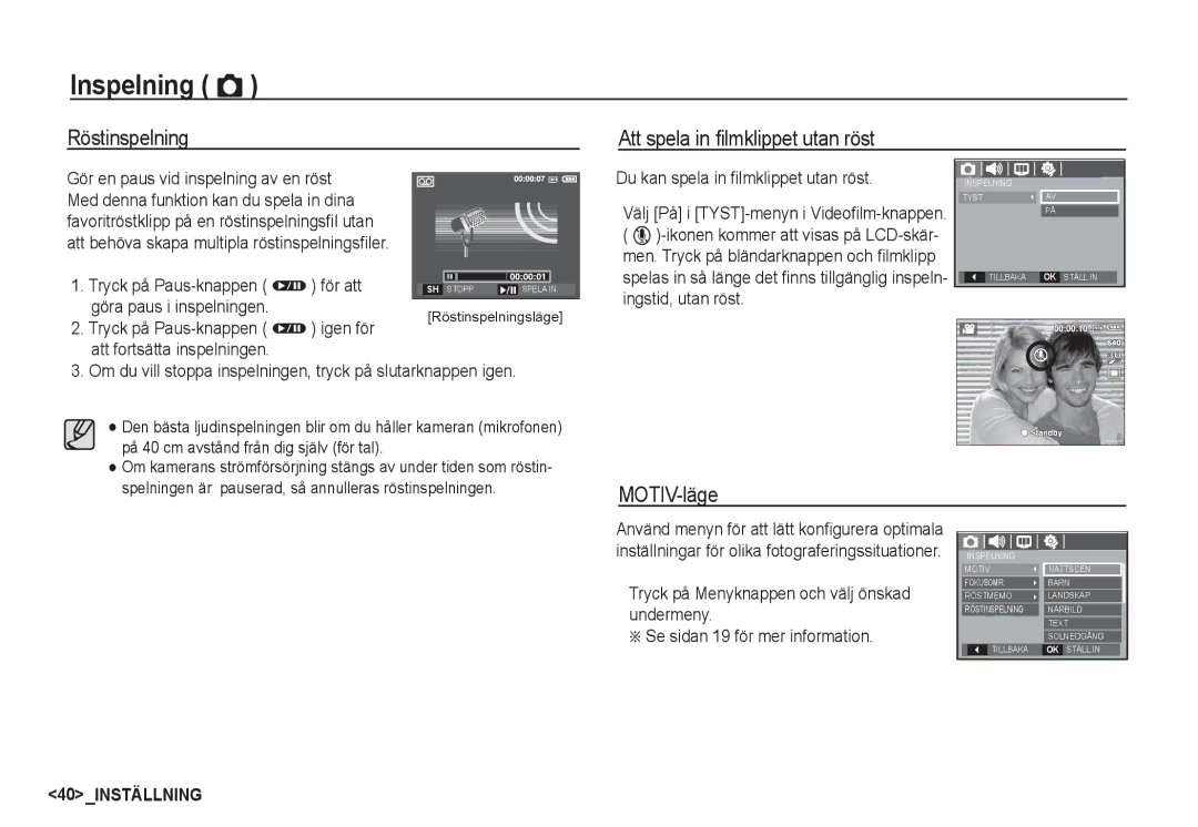 Samsung EC-S860ZSBA/E2, EC-S760ZPDA/E3, EC-S860ZSDA/E3 manual Röstinspelning Att spela in ﬁlmklippet utan röst, MOTIV-läge 