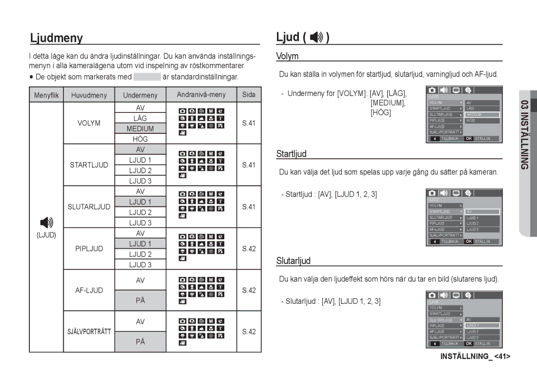 Samsung EC-S760ZSDA/E3, EC-S760ZPDA/E3, EC-S860ZSDA/E3, EC-S860ZPDA/E3, EC-S860ZBDA/E3 Ljudmeny, Volym, Startljud, Slutarljud 