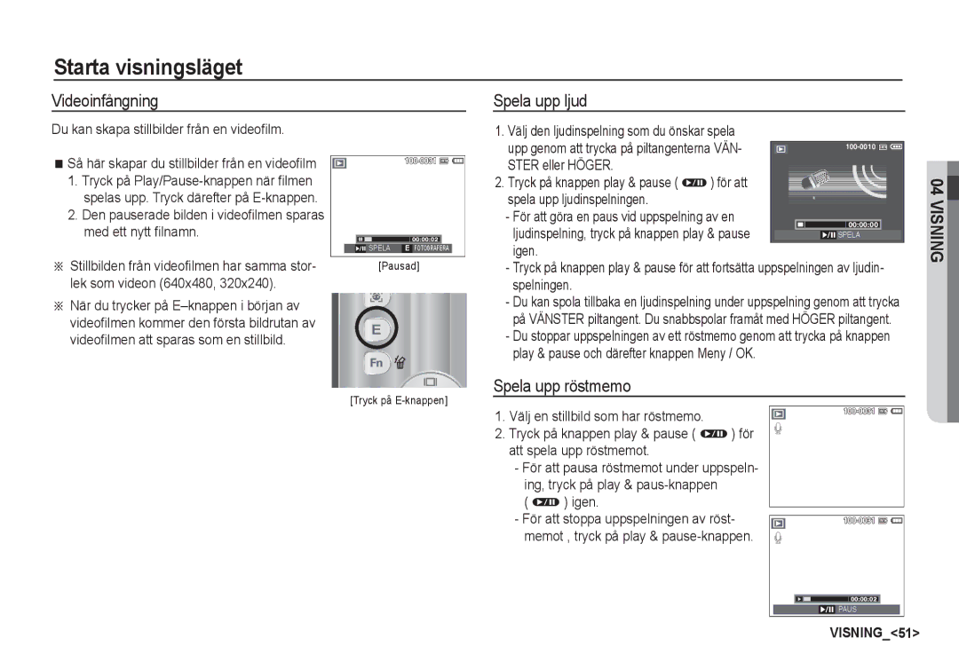 Samsung EC-S860ZSDA/E3, EC-S760ZPDA/E3, EC-S860ZPDA/E3, EC-S860ZBDA/E3 Videoinfångning, Spela upp ljud, Spela upp röstmemo 