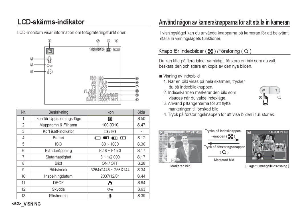 Samsung EC-S860ZPDA/E3, EC-S760ZPDA/E3, EC-S860ZSDA/E3 manual LCD-skärms-indikator, Knapp för Indexbilder º /Förstoring í 