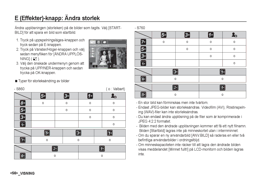 Samsung EC-S760ZBDA/E3, EC-S760ZPDA/E3 manual Effekter-knapp Ändra storlek, Typer för storleksändring av bilder S860 