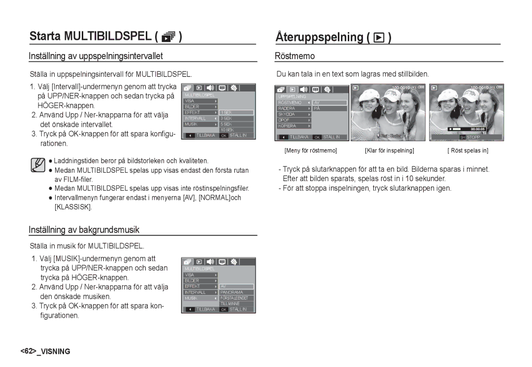 Samsung EC-S760ZUBA/E2 Återuppspelning ø, Inställning av uppspelningsintervallet, Röstmemo, Inställning av bakgrundsmusik 