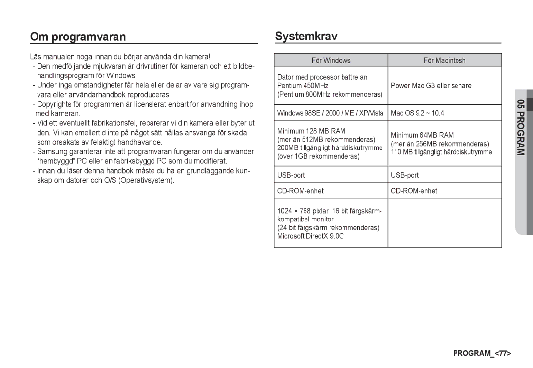 Samsung EC-S860ZUDA/E3, EC-S760ZPDA/E3, EC-S860ZSDA/E3, EC-S860ZPDA/E3, EC-S860ZBDA/E3 manual Om programvaran, Systemkrav 