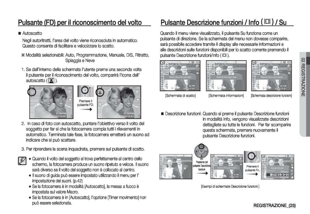 Samsung EC-D760ZSBD/E1 manual Pulsante Descrizione funzioni / Info î / Su, Pulsante FD per il riconoscimento del volto 