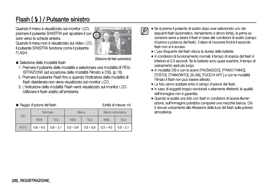 Samsung EC-S760ZUBA/E1, EC-S760ZPDA/E3 manual Flash / Pulsante sinistro, Selezione della modalità ﬂash, Registrazione 