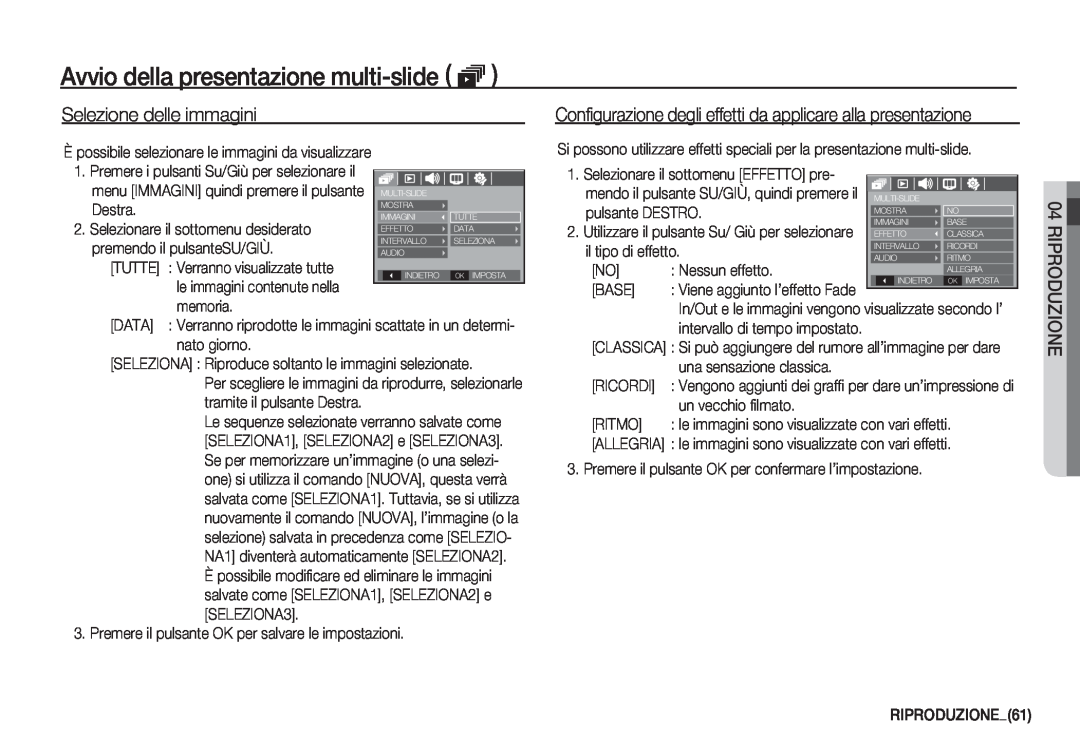 Samsung EC-S860ZSBA/IT manual Selezione delle immagini, Configurazione degli effetti da applicare alla presentazione, Tutte 