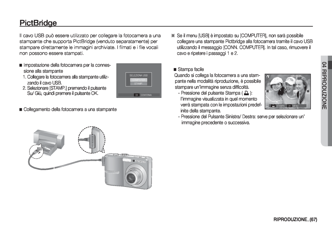 Samsung EC-D760ZSBD/E1 manual PictBridge, Riproduzione, Impostazione della fotocamera per la connes- sione alla stampante 