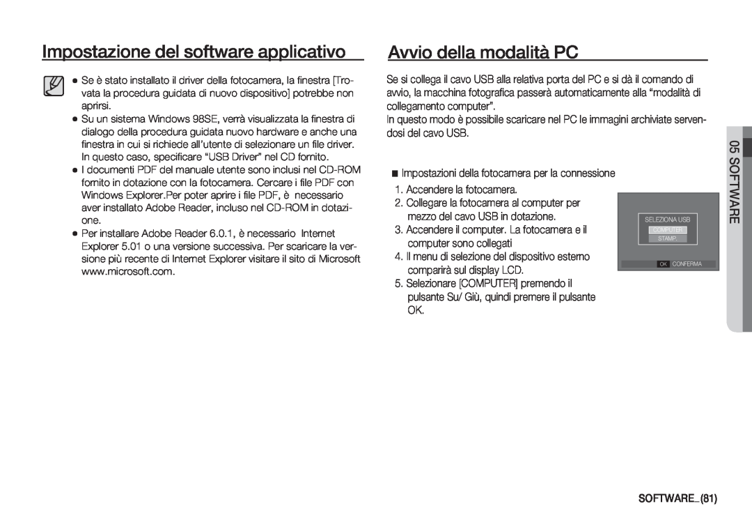 Samsung EC-S760ZUBB/E1, EC-S760ZPDA/E3 manual Avvio della modalità PC, Impostazione del software applicativo, Software 