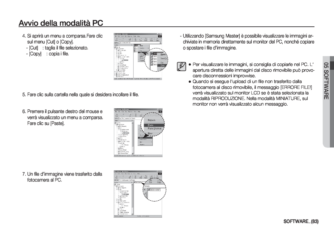 Samsung EC-S760ZPDA/E3 manual Avvio della modalità PC, Software, Si aprirà un menu a comparsa.Fare clic sul menu Cut o Copy 