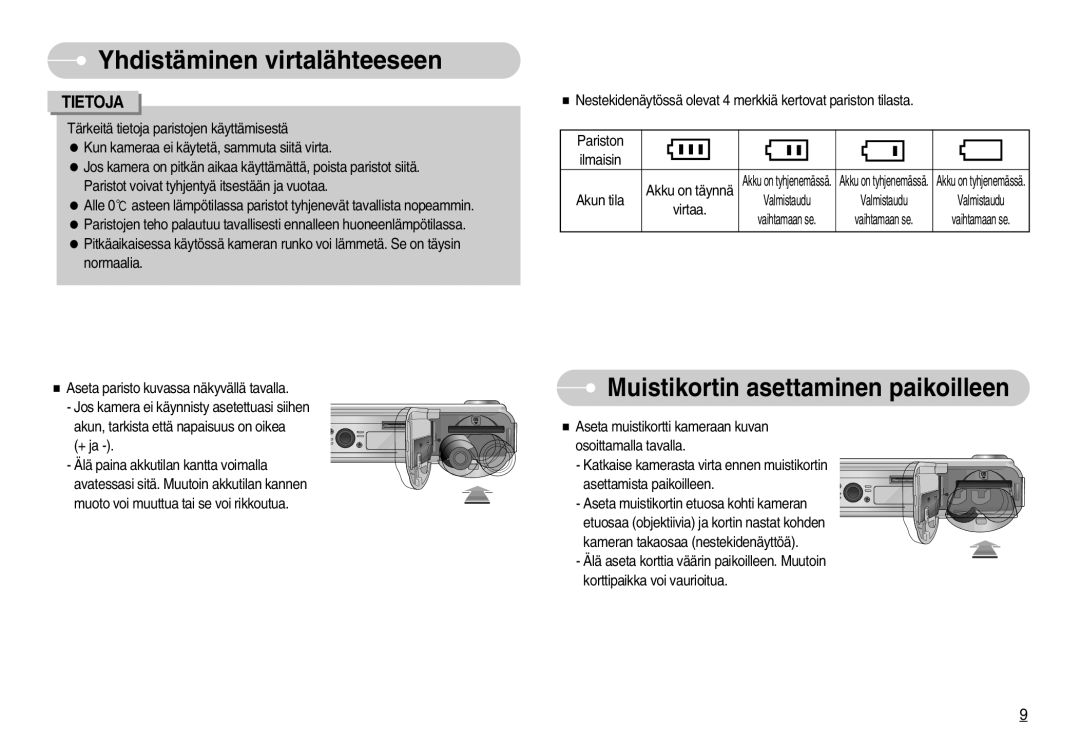 Samsung EC-S800ZBBA/E2 manual Muistikortin asettaminen paikoilleen, Tietoja 