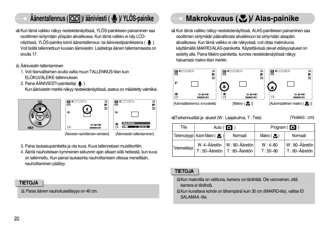 Samsung EC-S800ZBBA/E2 manual Makrokuvaus / Alas-painike, Äänentallennus / ääniviesti / YLÖS-painike 