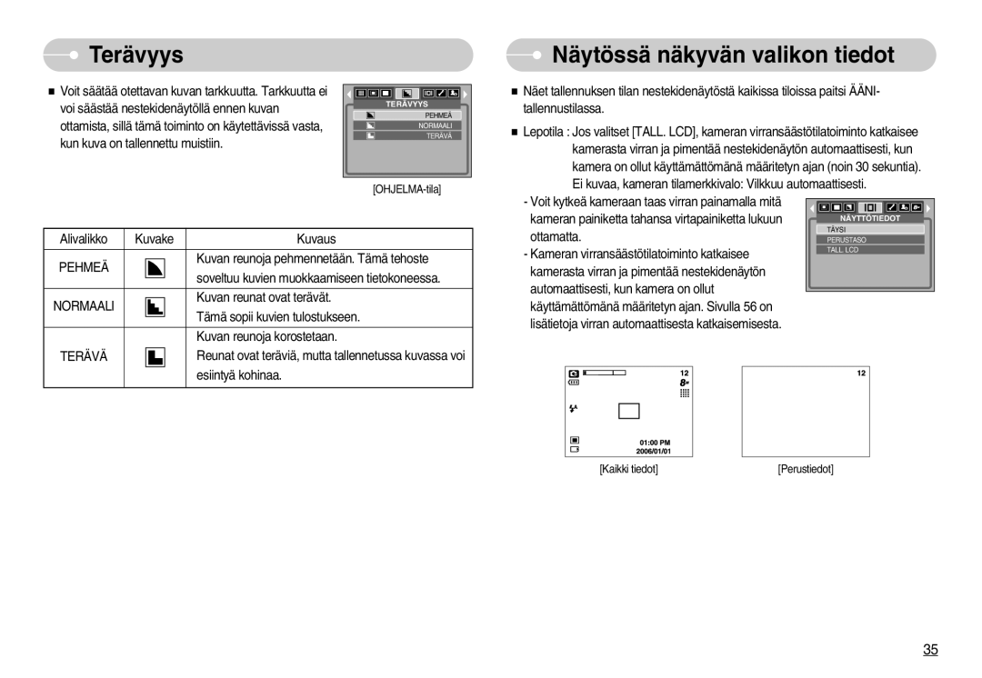 Samsung EC-S800ZBBA/E2 manual Terävyys, Näytössä näkyvän valikon tiedot 