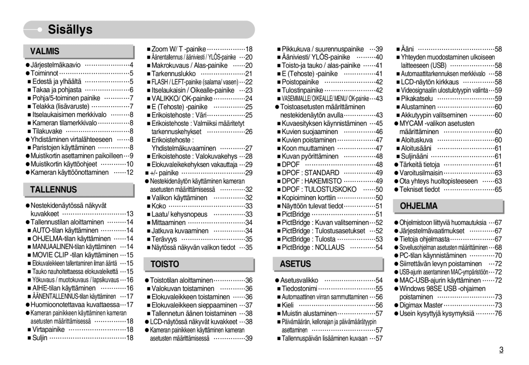 Samsung EC-S800ZBBA/E2 manual Sisällys, Dpof Standard, Dpof Hakemisto, Dpof Tulostuskoko 