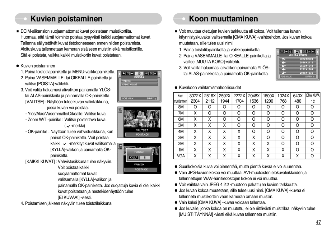 Samsung EC-S800ZBBA/E2 manual Kuvien poistaminen, Koon muuttaminen 