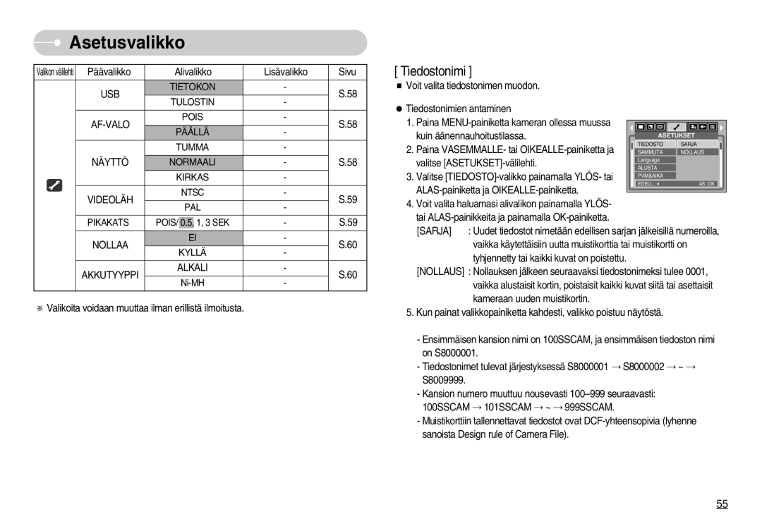 Samsung EC-S800ZBBA/E2 manual USB Tietokon Tulostin AF-VALO Pois Päällä, Näyttö Normaali Kirkas Videoläh, PAL Pikakats 